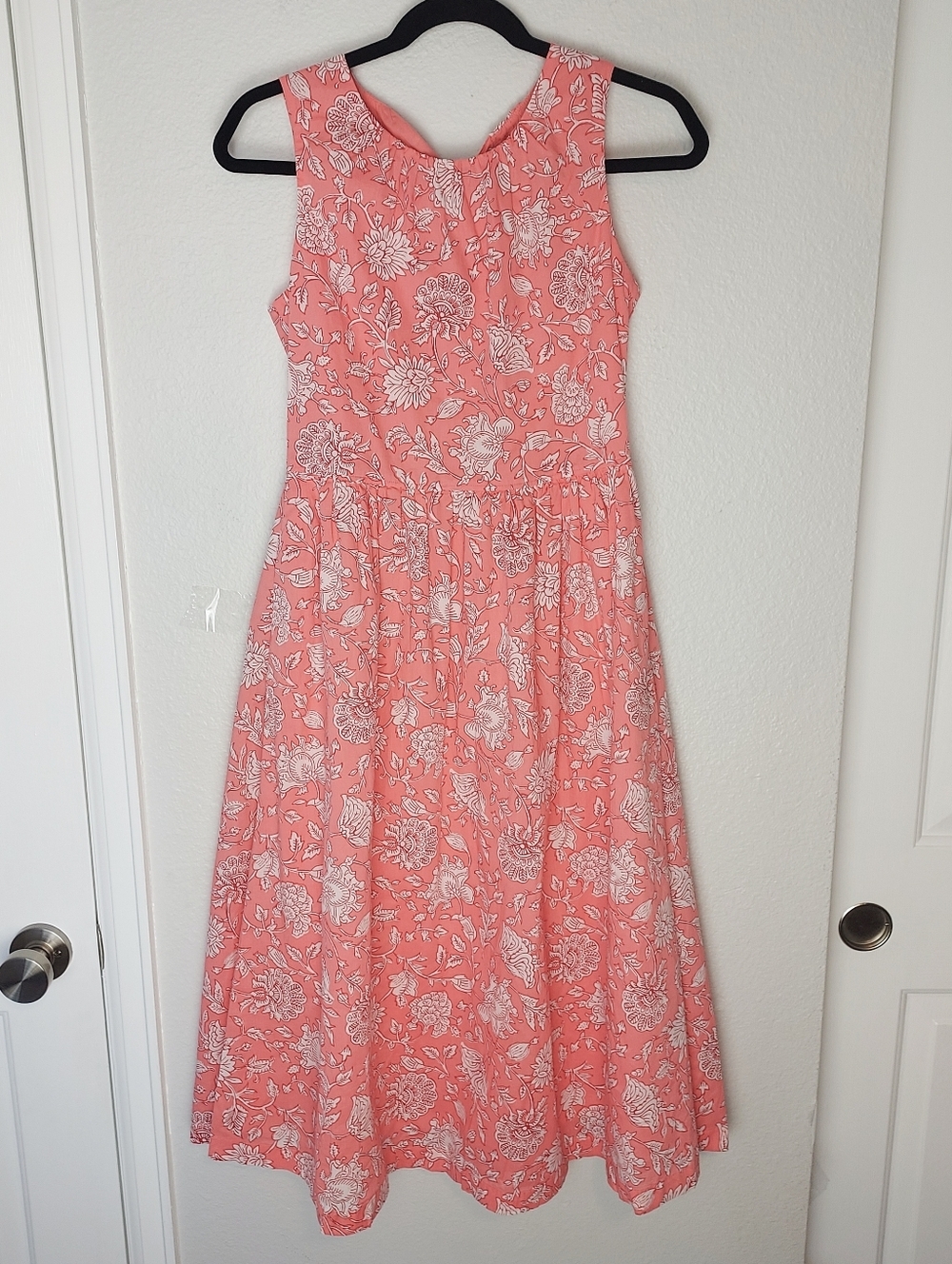 J. Crew‎ Factory Cotton Tie Neck Midi Floral Dress Peachy Coral Pink 2